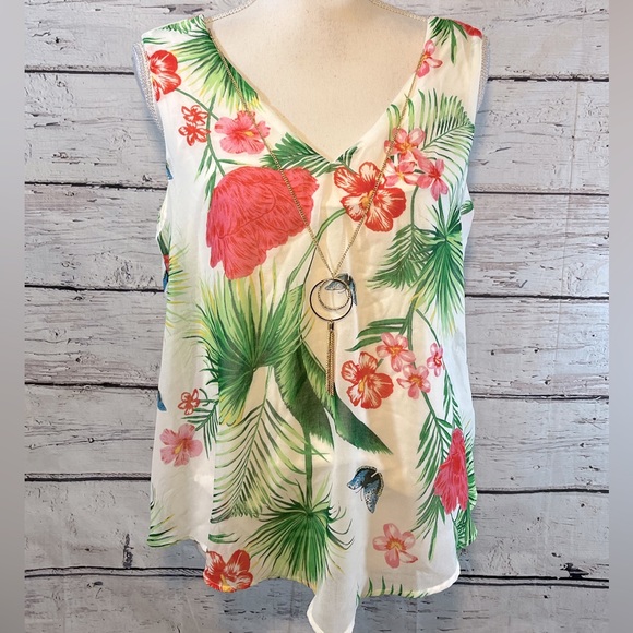THALIA SODI Tank Top Layered Tropical Print w Removable Necklace-Large - Picture 1 of 2